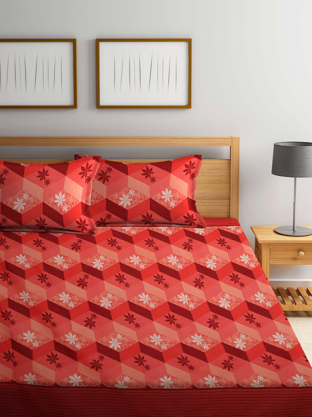 Orange floral cotton queen bedsheet, orange & brown